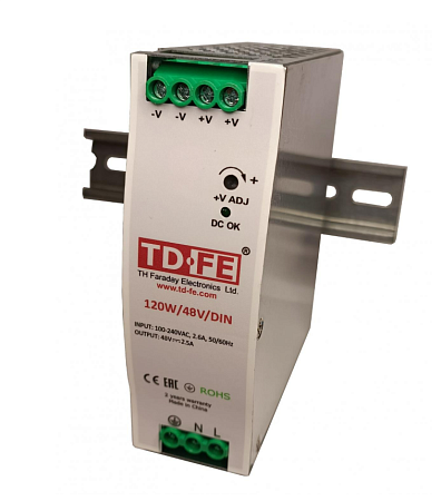 Faraday БП-120W/48V/DIN (пластик) Блок питания 120В, 48В, 2.5А, Атоматическая защита от перегрузок, перенапряжения и КЗ, для установки на DIN-рейку