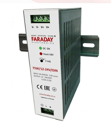 Faraday БП-75W/12-24V/DIN Блок питания стабилизированный импульсный; Uвх.100...240, Uвых. 12...24В (регулируемый); Ток вых.6,25...3,15 А; Мощность вых.75Вт, защита от перегрузок и КЗ; -10 …+60°C; 126х108х39 мм. крепление на DIN рейку.