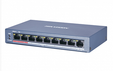 HikVision DS-3E0109P-E/M(B) Коммутатор сетевой 8 POE портовый(IEEE802.3af, IEEE802.3at); 10/100 Мбит/с; Uplink порт; бюджет POE 58Вт;режим дальней передачи до 250м - 10Мб/с; DC 51В; 2.5 А; 0…+40 °С; 2